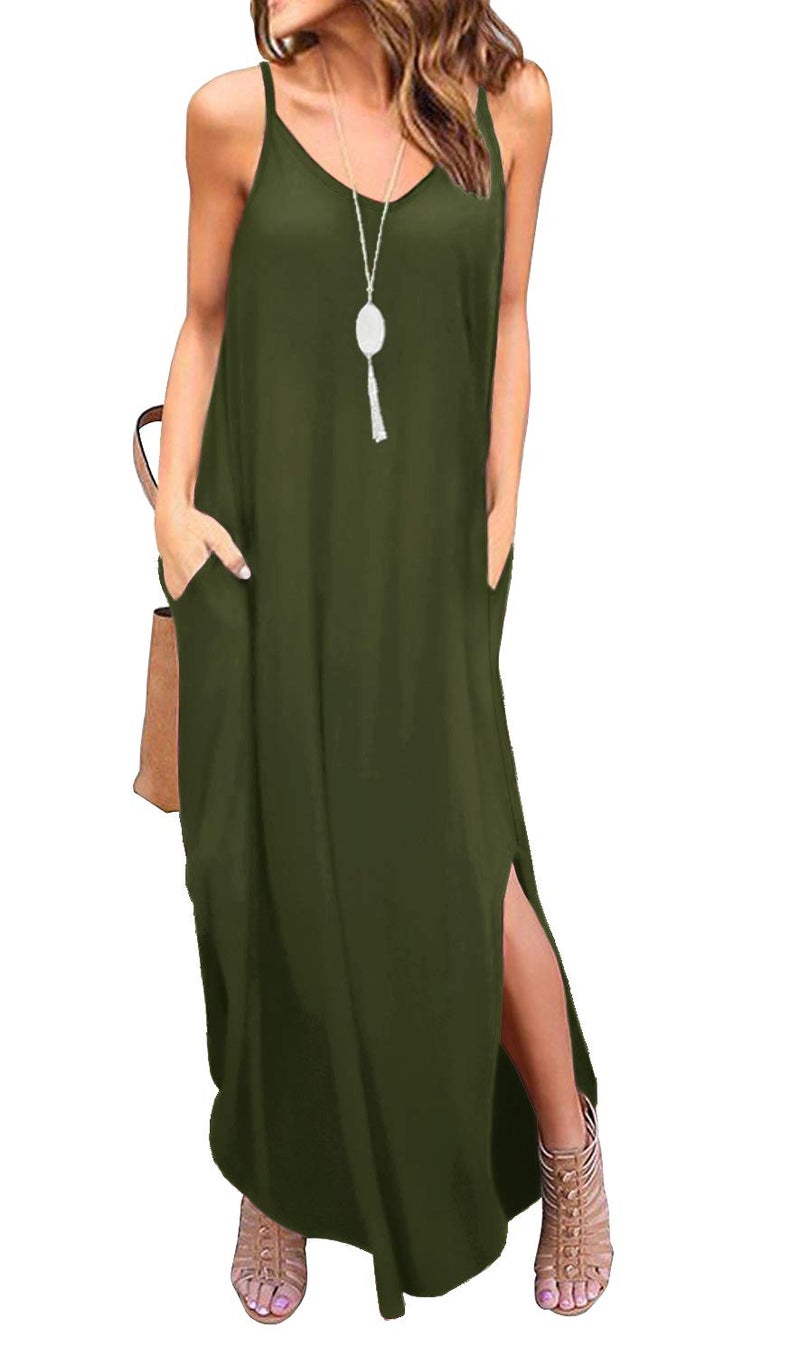 GRECERELLE Women's Summer Casual Plain Loose Beach Cover Up Long Maxi Dress with Pockets Army Green-X-Large - Image 1